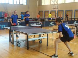 Uczniowie  podczas  zawodów drużynowych szkół ponadgimnazjalnych w tenisie stołowym.