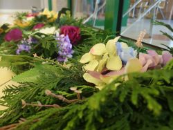 Na zdjęciu znajdują się kwiaty i rośliny zielone przygotowane do tworzenia kompozycji na groby w Domu Opieki Społecznej "Opoka"