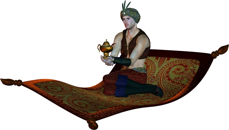 Aladyn siedzi na dywanie