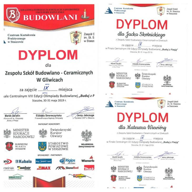 Djęcie przedstawia kolaż trzech dyplomów za zajęcie 9. miejsca w Polsce dla szkoły oraz uczniów.