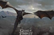 Plakat do serialu "Gra o tron" przedstawiający lecącego smoka.