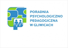 Logo Poradni Psychologiczno-Pedagogicznej w Gliwicach. Na zielonym tle niebieskie litery P, w jednej z nich schematyczne ludziki.