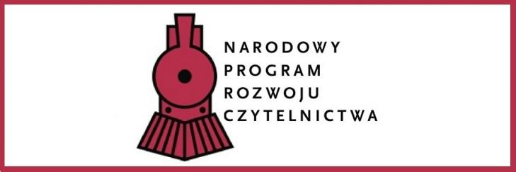 Zdjęcie przedstawia logo Narowego Programu Rozwoju Czytelnictwa - bordowy parowóz na białym tle z nazwą programu.