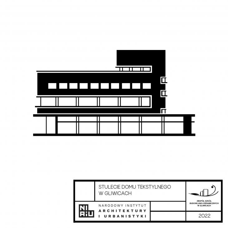 Okładka publikacji uczniów ZSB-C - schematyczny rysunek Domu Tekstylnego projektu Mendelsohna