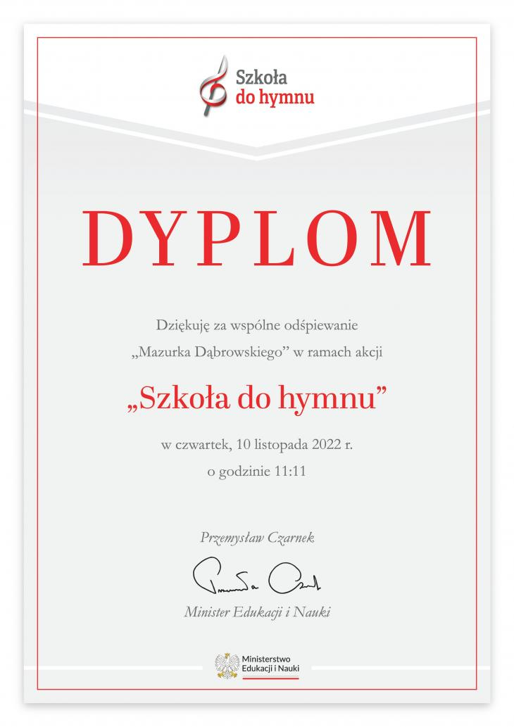 Dyplom "Szkoła do hymnu"