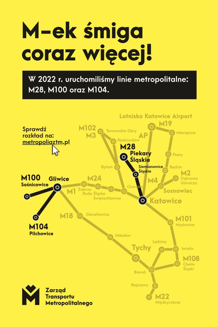 żółto-czarny plakat reklamujący nowe trasy autobusowych linii metropolitalnych