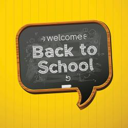 Na żółtym tle czarna chmurka z napisem welcome back to school