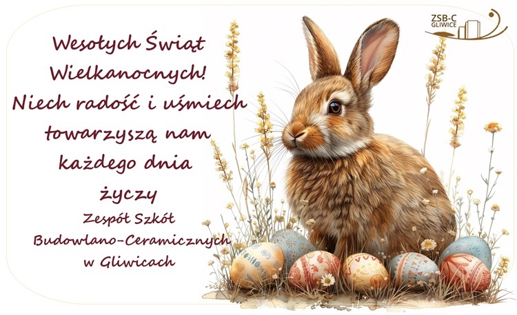życzenia wesołych świąt od ZSBC, na zdjęciu królik wielkanocny