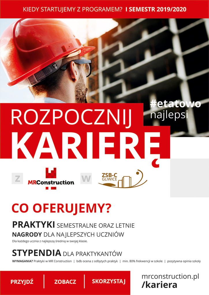 Plakat reklamujący program stypendialny dla uczniów klas budowlanych przygotowany przez Firmę MR Construction.