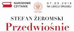 FRagment plakatu z logo Narodowego Czytania oraz imieniem i nazwiskiem autora, a także tytułem powieści.