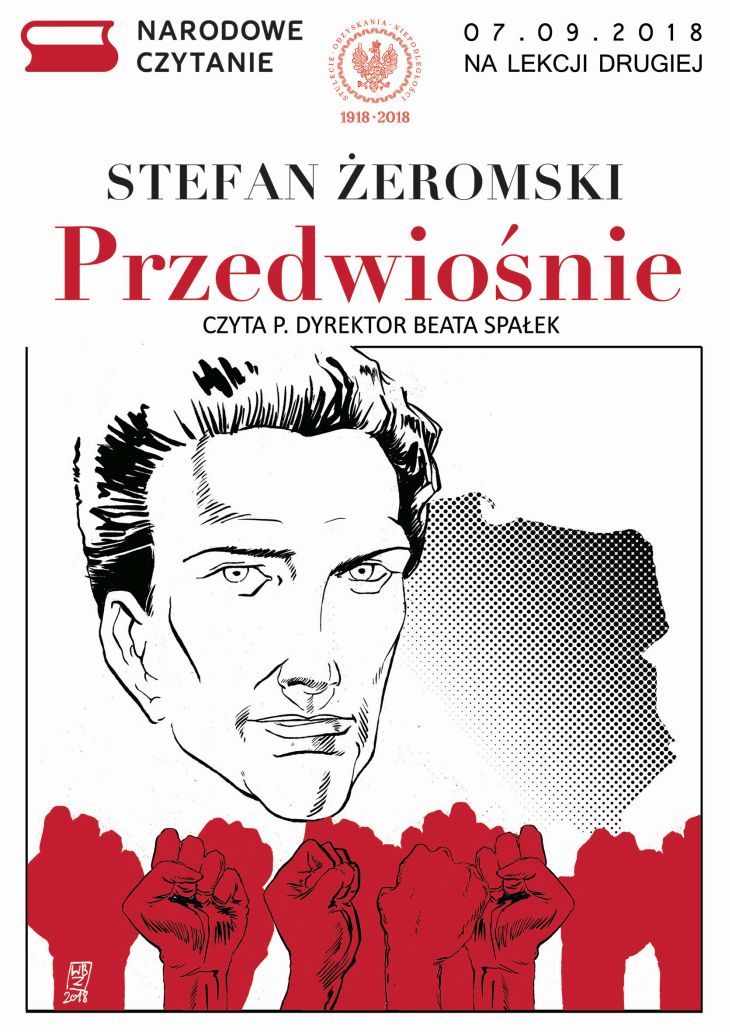 Plakat Narodowego Czytania na terenie szkoły.
