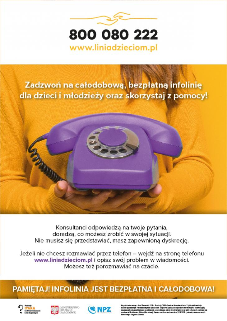 Plakat informujący o całodobowej możliwości uzyskania pomocy dla dzieci.