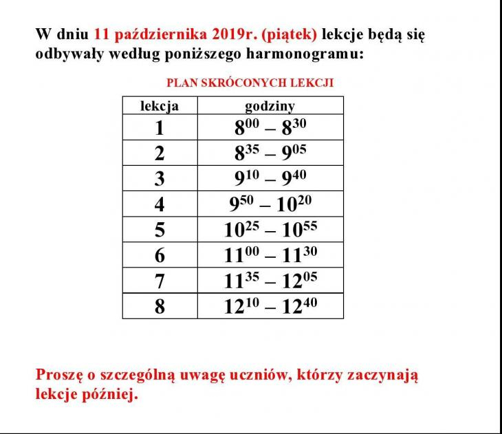 Na zdjęciu harmonogram lekcji skróconych
