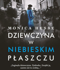 Okladka książki dziewczyna w niebieskim płaszczu. Dziewczyna w niebieskim płaszczu na tle czarno-białego miasta