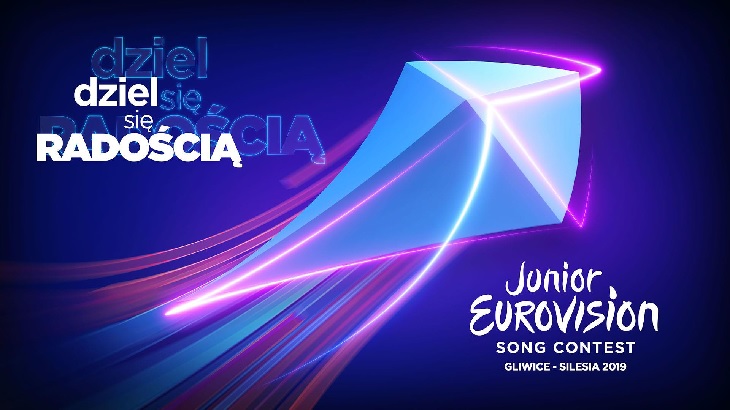 Plakat niebieski promujący Eurowizje Junior