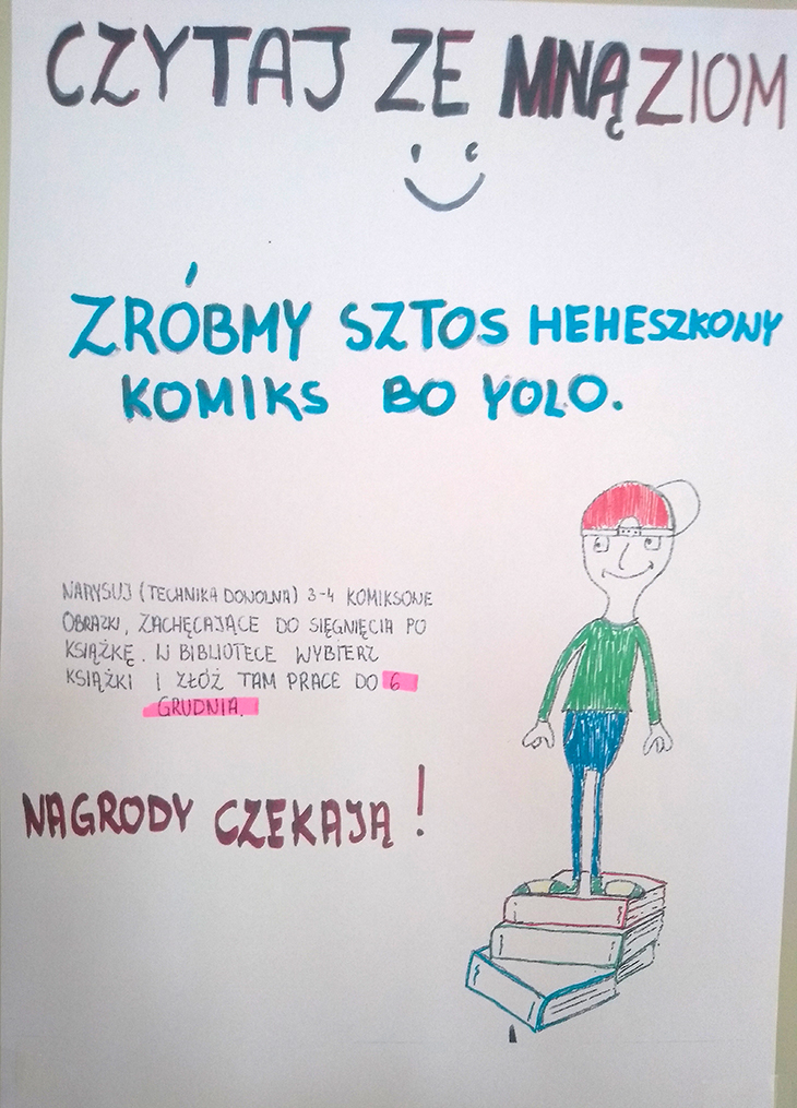 plakt zachęcajacy do udzialu w konusie na kartonie narysowana postać