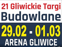 Plakat zapraszający na targi budowlane napisy