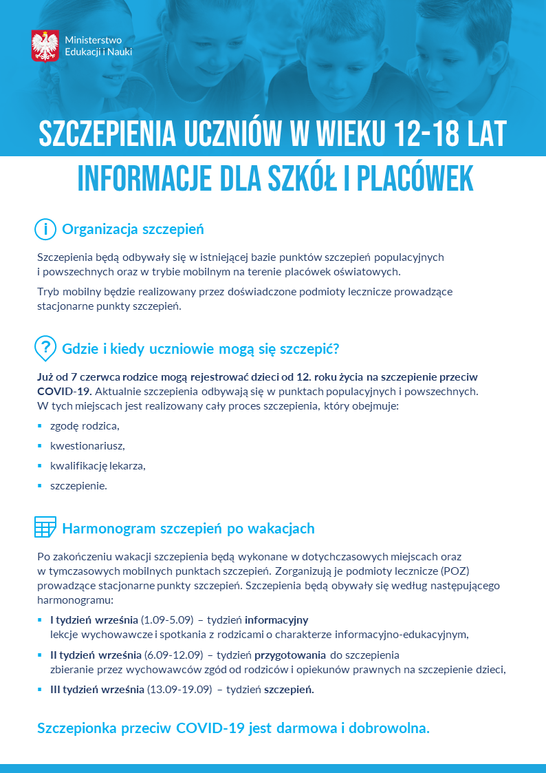 Szczepienia uczniów w wieku 12 18 lat informacje dla szkół i placówek plakat 1