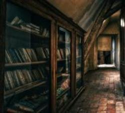 Korytarz na strychu, po lewej stronie stoi oszklona biblioteczka