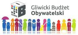 Baner reklamujący Gliwicki Budżet Obywatelski - po lewej stronie kostka z napisem Gliwice i otworem do wrzucania kart. Na dole rząd schematycznych kolorowych postaci 