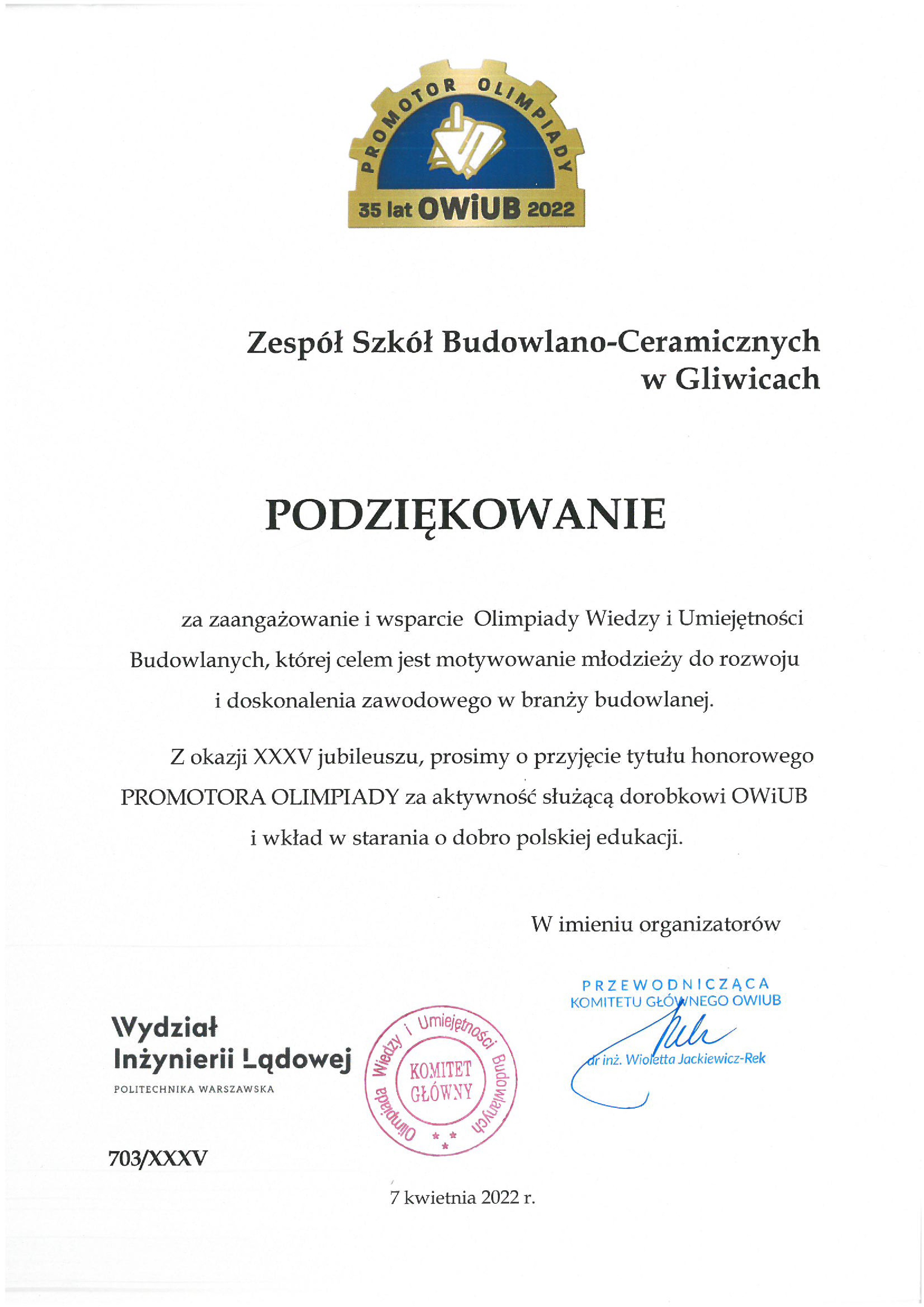 podziękowania dla ZSB-C
