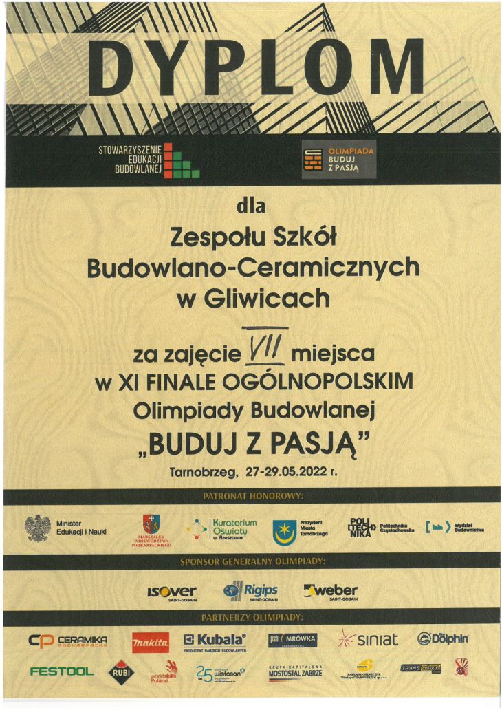 Dyplom Olimpiady Buduj z Pasją dla ZSB-C
