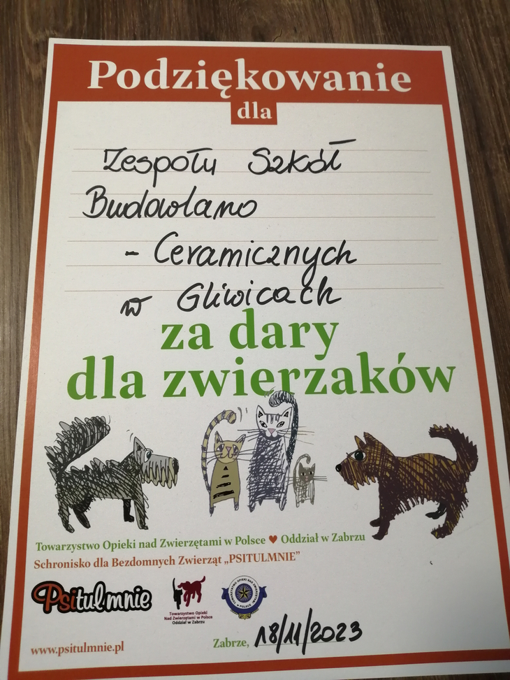 dyplom za pomoc zwierzętom w schronisku