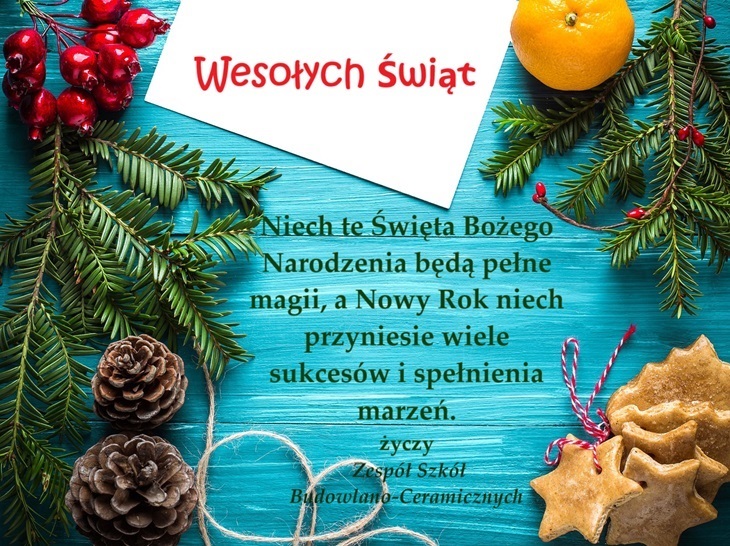 Obraz świateczny z życzeniami, iglasta gałązka z ozdobami