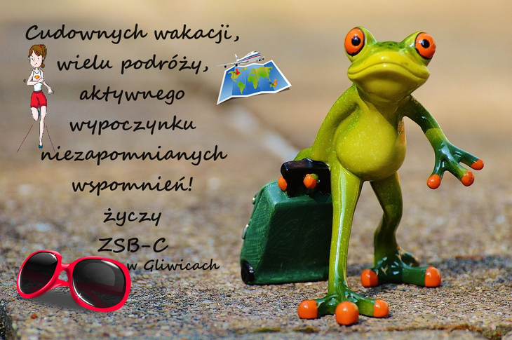 żaba z walizką i życzenia udanych wakacji