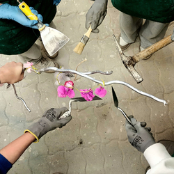 dłonie uczniów trzymające atrybuty różnych zawodów