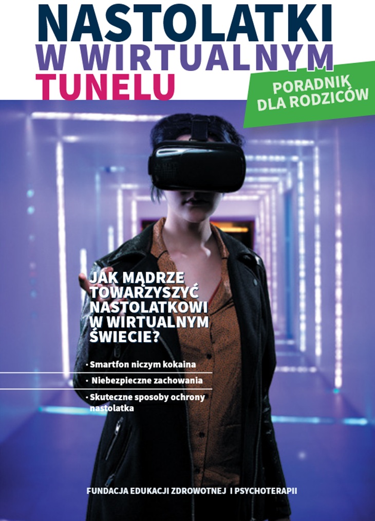 Na zdjęciu widać nastolatkę stojącą w futurystycznym, podświetlonym tunelu, mającą na głowie gogle rzeczywistości wirtualnej (VR). Obraz symbolizuje zanurzenie młodych ludzi w świecie cyfrowym i wirtualnym oraz wyzwania związane z dorastaniem w dobie nowoczesnych technologii.