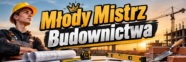 Gotowe! Baner „Młody Mistrz Budownictwa” w dynamicznym stylu, z motywem placu budowy, młodym fachowcem i mocną typografią w kolorach żółtym, czarnym i białym.