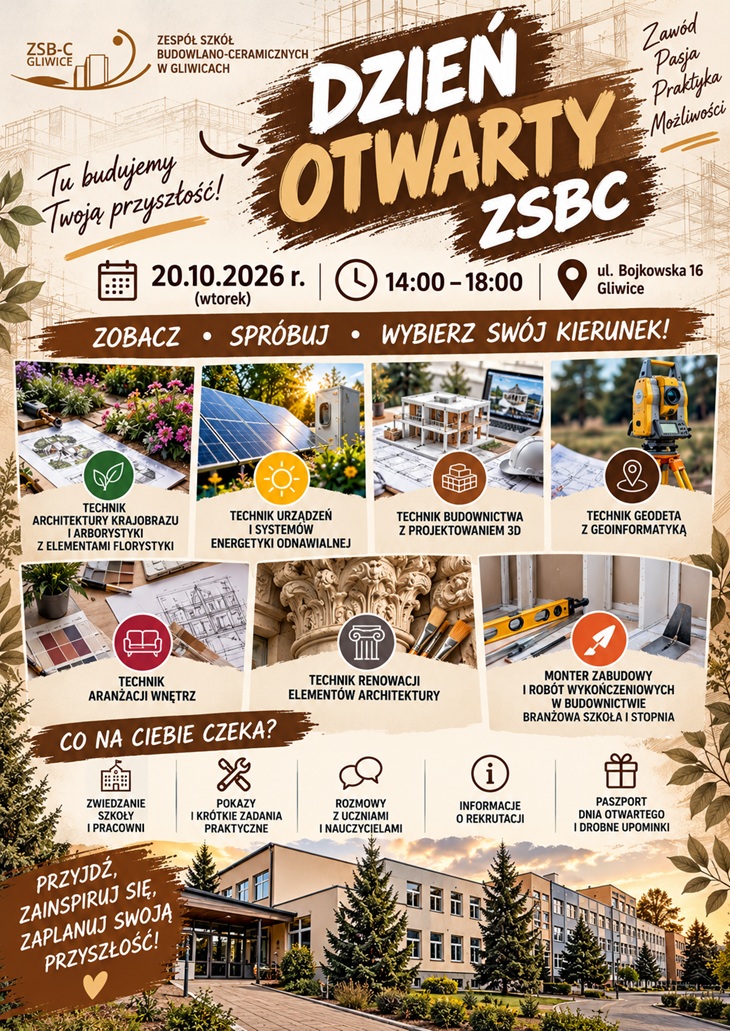 To plakat promujący Dzień Otwarty Zespołu Szkół Budowlano-Ceramicznych w Gliwicach. Na grafice dominuje duży, dynamiczny napis „DZIEŃ OTWARTY ZSBC” w stylistyce przypominającej pociągnięcia pędzla. Plakat utrzymany jest głównie w kolorach brązowym, kremowym, beżowym i czarnym, co nadaje mu charakterystyczny, nowoczesno-industrialny wygląd. W górnej części znajduje się logo ZSBC oraz hasło „Tu budujemy Twoją przyszłość!”. Obok widoczne są informacje o wydarzeniu: - 20.10.2026 r. (wtorek) - 14:00–18:00 - ul. Bojkowska 16, Gliwice Centralną część plakatu zajmują zdjęcia i ilustracje przedstawiające poszczególne kierunki kształcenia, m.in. architekturę krajobrazu i arborystykę, energetykę odnawialną, budownictwo z projektowaniem 3D, geodezję z geoinformatyką, aranżację wnętrz oraz renowację elementów architektury. Jest również przedstawiony kierunek monter zabudowy i robót wykończeniowych w budownictwie. Niżej pokazano atrakcje przygotowane dla odwiedzających: zwiedzanie szkoły i pracowni, krótkie pokazy i zadania praktyczne, rozmowy z uczniami i nauczycielami, informacje o rekrutacji, Paszport Dnia Otwartego oraz strefę dla rodziców z kawą i herbatą.