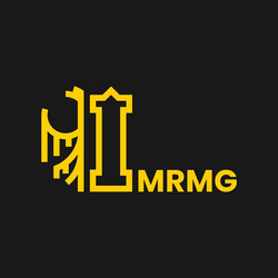 Logo Młodzieżowej Rady Miasta Gliwice (MRMG). Żółty symbol graficzny i napis „MRMG” na czarnym tle.