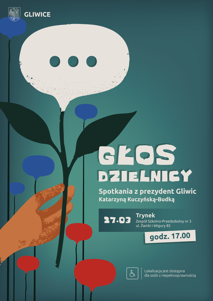 Plakat informacyjny „Głos Dzielnicy” zapraszający na spotkanie z prezydent Gliwic w dzielnicy Trynek, 27 marca o godz. 17:00, z oznaczeniem dostępności dla osób z niepełnosprawnościami.
