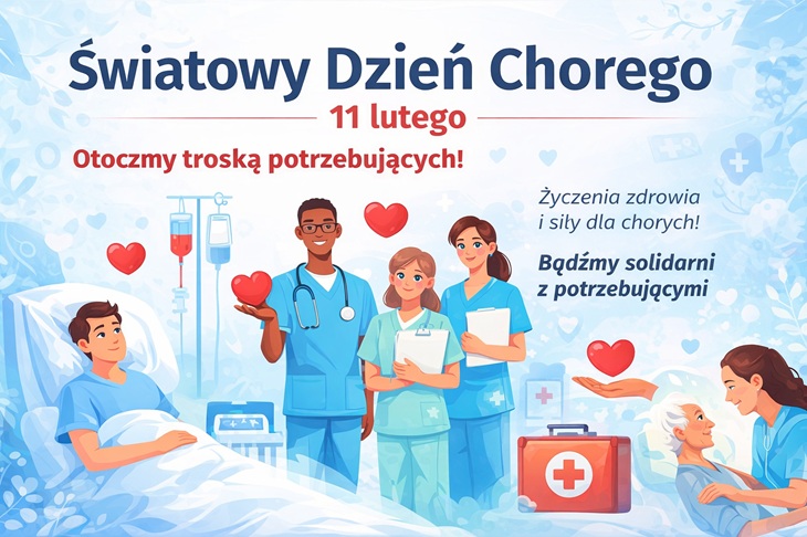 Baner przedstawia szkolną grafikę z okazji Światowego Dnia Chorego. Widać na nim personel medyczny, pacjentów oraz symbole troski (serca, sprzęt medyczny). Całość promuje empatię, solidarność i wsparcie dla osób chorych, zachęcając społeczność szkolną do okazywania życzliwości i pomocy.