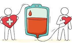 Na zdjęciu widać grafikę przedstawiającą ideę krwiodawstwa. Pośrodku znajduje się worek z krwią, a po obu stronach stoją dwie uproszczone postacie – jedna trzyma serce z symbolem krzyża (pomoc medyczna), a druga serce symbolizujące wsparcie i solidarność. Grafika nawiązuje do oddawania krwi i pomagania innym.