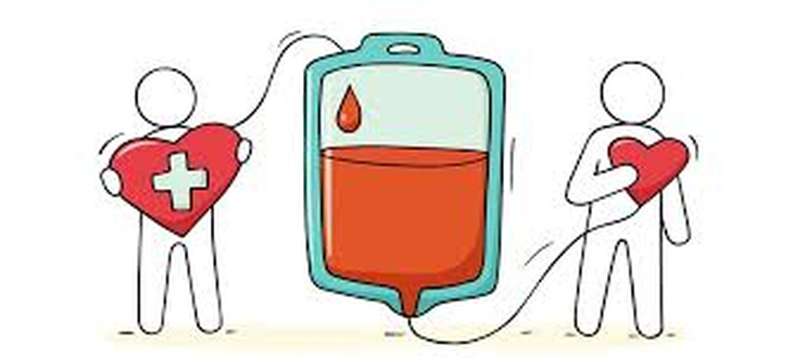 Na zdjęciu widać grafikę przedstawiającą ideę krwiodawstwa. Pośrodku znajduje się worek z krwią, a po obu stronach stoją dwie uproszczone postacie – jedna trzyma serce z symbolem krzyża (pomoc medyczna), a druga serce symbolizujące wsparcie i solidarność. Grafika nawiązuje do oddawania krwi i pomagania innym.