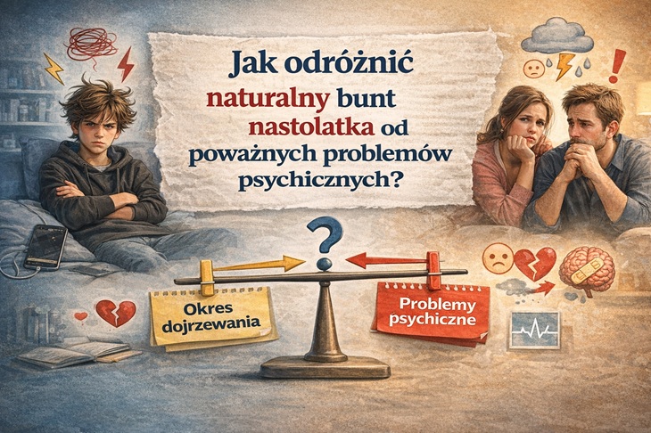 Ilustracja przedstawia nastolatka siedzącego z założonymi rękami, wyraźnie zdenerwowanego i wycofanego, oraz zaniepokojonych rodziców po drugiej stronie. Pośrodku znajduje się waga symbolicznie porównująca okres dojrzewania z problemami psychicznymi. Całość podkreśla trudność w rozróżnieniu naturalnego buntu od poważniejszych trudności emocjonalnych.