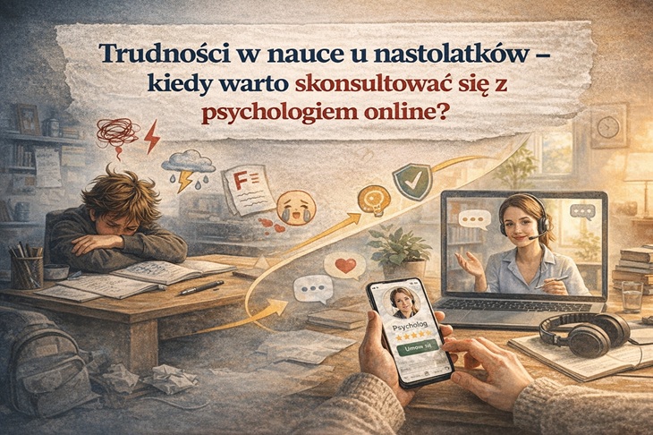 Baner przedstawia zestresowanego nastolatka przy biurku oraz psychologa udzielającego wsparcia online. Grafika symbolicznie pokazuje drogę od trudności w nauce do otrzymania pomocy i poprawy samopoczucia.