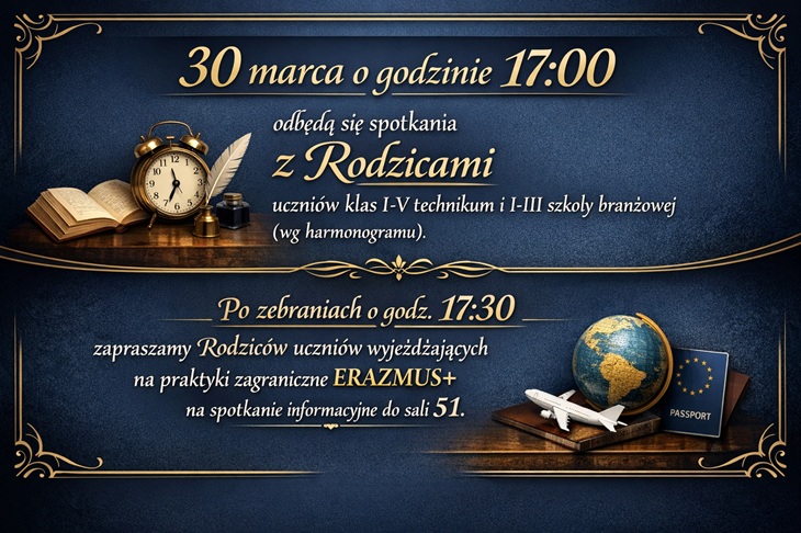 Prosty i czytelny baner w granatowej kolorystyce z delikatną złotą ramką. Na środku znajduje się duży, biały napis „Zebrania z Rodzicami!”, a całość uzupełnia subtelna złota linia dekoracyjna oraz niewielkie motywy szkolne w rogach.