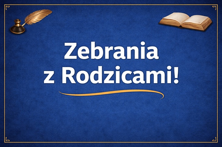 Prosty i czytelny baner w granatowej kolorystyce z delikatną złotą ramką. Na środku znajduje się duży, biały napis „Zebrania z Rodzicami!”, a całość uzupełnia subtelna złota linia dekoracyjna oraz niewielkie motywy szkolne w rogach.