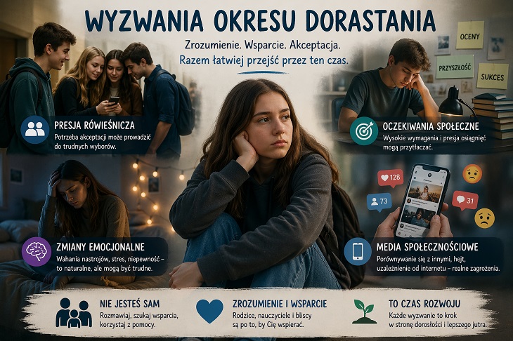 Infografika przedstawia najważniejsze wyzwania okresu dorastania, takie jak presja rówieśnicza, oczekiwania społeczne, zmiany emocjonalne oraz wpływ mediów społecznościowych. W centrum znajduje się nastolatka symbolizująca refleksję i trudności, a całość uzupełniają wskazówki i przekaz o wsparciu, zrozumieniu oraz rozwoju.