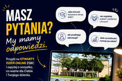 Plakat promuje Otwarty Dzień Online Zespołu Szkół Budowlano-Ceramicznych w Gliwicach. Zawiera informacje o terminach spotkań, godzinie oraz tematach, które zostaną omówione, m.in. kierunkach kształcenia, praktykach zawodowych i rekrutacji. Centralnym elementem grafiki jest laptop symbolizujący spotkanie online z dyrekcją, nauczycielami i uczniami szkoły.