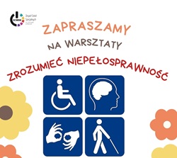 Plakat informuje o warsztatach pt. „Zrozumieć niepełnosprawność” organizowanych przez Zespół Szkół Specjalnych im. Janusza Korczaka w Gliwicach. Projekt utrzymany jest w jasnej i przyjaznej kolorystyce. Dominują odcienie pomarańczowego, żółtego, granatowego i beżowego. Całość uzupełniają dekoracyjne motywy kwiatowe, które nadają plakatowi ciepły i otwarty charakter. W centralnej części umieszczono cztery symbole związane z niepełnosprawnością i komunikacją: symbol osoby poruszającej się na wózku, profil głowy symbolizujący niepełnosprawność intelektualną lub neuroróżnorodność, dłonie pokazujące język migowy, osobę niewidomą z białą laską. Na plakacie znajdują się najważniejsze informacje organizacyjne: miejsce wydarzenia: Zespół Szkół Specjalnych im. Janusza Korczaka w Gliwicach, ul. Dolnej Wsi 74, termin: 21 maja 2026 r., godziny: 9:00–12:30. Dodatkowo zaznaczono, że wydarzenie odbywa się w ramach Gliwickich Obchodów Dni Godności Osób z Niepełnosprawnością Intelektualną. W dolnej części plakatu umieszczono logotypy Funduszy Europejskich, Rzeczypospolitej Polskiej oraz Unii Europejskiej, informujące o współfinansowaniu projektu.