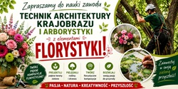 Plakat promuje kierunek Technik Architektury Krajobrazu i Arborystyki z elementami Florystyki w nowoczesnej i atrakcyjnej formie graficznej. Głównym elementem plakatu jest wyraźny tytuł kierunku, w którym słowo „FLORYSTYKI!” zostało wyróżnione dużą, czerwoną czcionką, podkreślając znaczenie florystyki w programie nauczania. Po lewej stronie znajduje się efektowna kompozycja kwiatowa symbolizująca kreatywność, estetykę i umiejętności florystyczne. Po prawej stronie przedstawiono arborystę wykonującego prace pielęgnacyjne w koronie drzewa, co nawiązuje do specjalistycznej opieki nad drzewami. W centralnej części umieszczono fotografie przedstawiające bukiet kwiatów oraz projekt zagospodarowania terenu zielonego. Zdjęcia te obrazują praktyczne umiejętności zdobywane podczas nauki na kierunku.