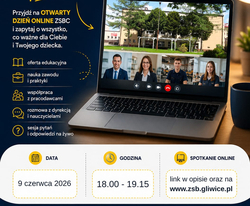 Plakat promuje Otwarty Dzień Online ZSBC i zachęca kandydatów oraz rodziców do udziału w spotkaniu informacyjnym. Podczas wydarzenia można poznać kierunki kształcenia, zasady rekrutacji, możliwości rozwoju, praktyki zawodowe oraz porozmawiać z dyrekcją i nauczycielami. Spotkanie odbędzie się 9 czerwca 2026 r. w godz. 18:00–19:15, a link do udziału będzie dostępny na stronie szkoły.