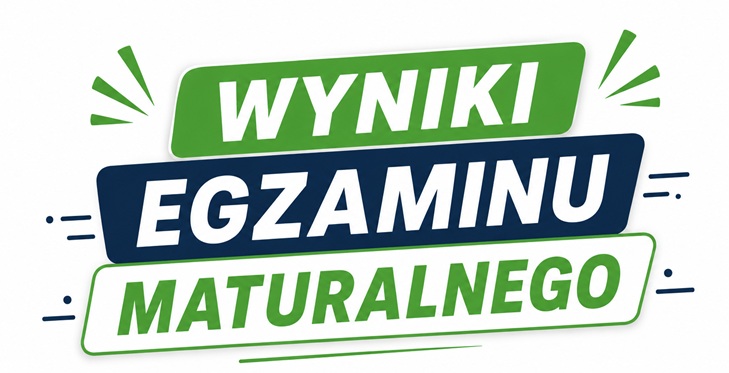 Baner ma nowoczesny, prosty i czytelny wygląd, przypominający graficzne ogłoszenie lub nagłówek informacyjny.  Tło: białe, dzięki czemu całość jest lekka i dobrze widoczna. Układ: trzy poziome, lekko nachylone paski ułożone jeden pod drugim, co nadaje kompozycji dynamiki. Kolorystyka: połączenie zieleni, granatu i bieli. Zieleń kojarzy się z pozytywnym wynikiem i sukcesem, a granat dodaje profesjonalnego charakteru. Napis: duże, pogrubione litery bezszeryfowe tworzą hasło „WYNIKI EGZAMINU MATURALNEGO”. Tekst jest bardzo czytelny nawet z większej odległości. Elementy dekoracyjne: po bokach znajdują się subtelne graficzne akcenty w postaci krótkich kresek i promieni, które podkreślają ważność informacji, ale nie przytłaczają projektu. Styl: minimalistyczny, nowoczesny i przyjazny dla odbiorcy. Baner sprawdzi się jako grafika na stronę internetową szkoły, w mediach społecznościowych, na monitorach informacyjnych lub jako wydrukowane ogłoszenie.
