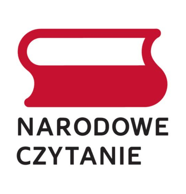 Logo „Narodowe Czytanie” przedstawiające stylizowaną, czerwoną otwartą księgę oraz napis „NARODOWE CZYTANIE” w czarnym kolorze.