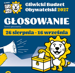 Plakat promuje Gliwicki Budżet Obywatelski 2027. Informuje, że głosowanie trwa od 26 sierpnia do 16 września, zachęca do głosowania online i zawiera kod QR oraz adres strony internetowej. W centralnej części znajduje się charakterystyczna grafika lwa przy urnie do głosowania.